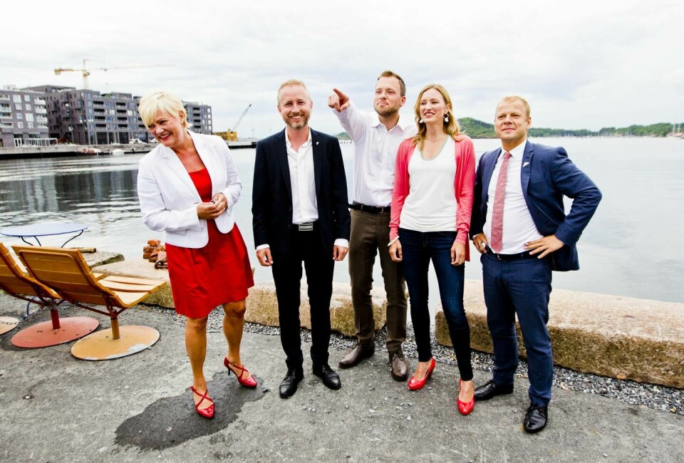 Audun Lysbakken med statsrådene som var SVs regjeringslag helt på slutten av den rødgrønne tiden. Fra venstre Kristin Halvorsen, Bård Vegar Solhjell, Audun Lysbakken, Inga Marte Thorkildsen og Heikki Holmås. De var klare til valgkamp - som endte rett over sperregrensen. Oslo 20130806.Kunnskapsminister Kristin Halvorsen (f.v.), miljøvernminister Bård Vegar Solhjell, SV-leder Audun Lysbakken, barne-, likestillings- og inkluderingsminister Inga Marte Thorkildsen og utviklingsminister Heikki Holmås åpner innspurten av valgkampen til Sosialistisk Venstreparti i Oslo tirsdag formiddag.Foto: Vegard Grøtt / NTB