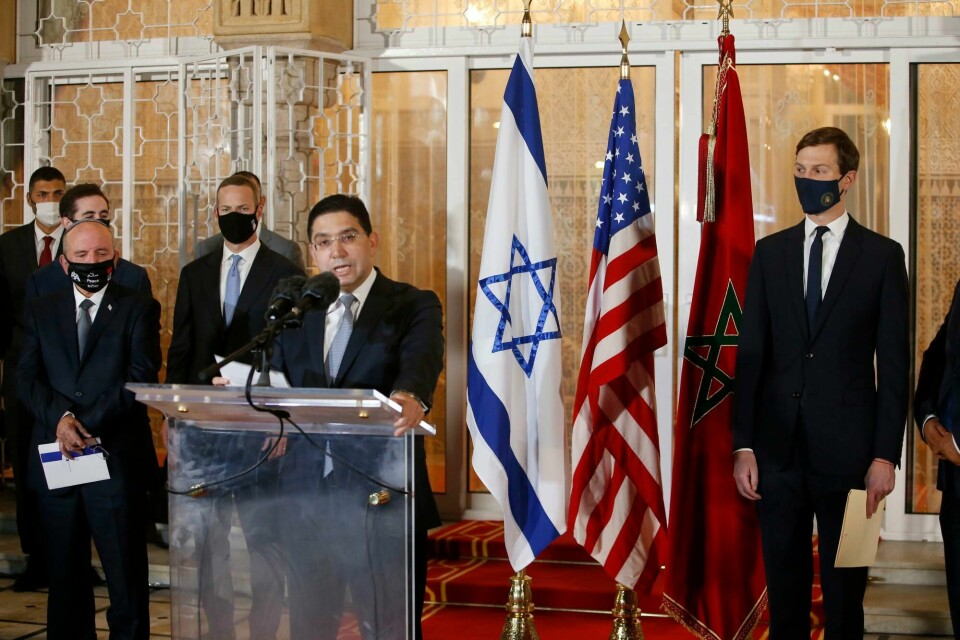 Markokkos utenriksminister Bourita Nasser under en pressekonferanse med tidligere spesialrådgiver Jared Kushner. Markokkos utenriksminister Bourita Nasser under en pressekonferanse med tidligere spesialrådgiver Jared Kushner.