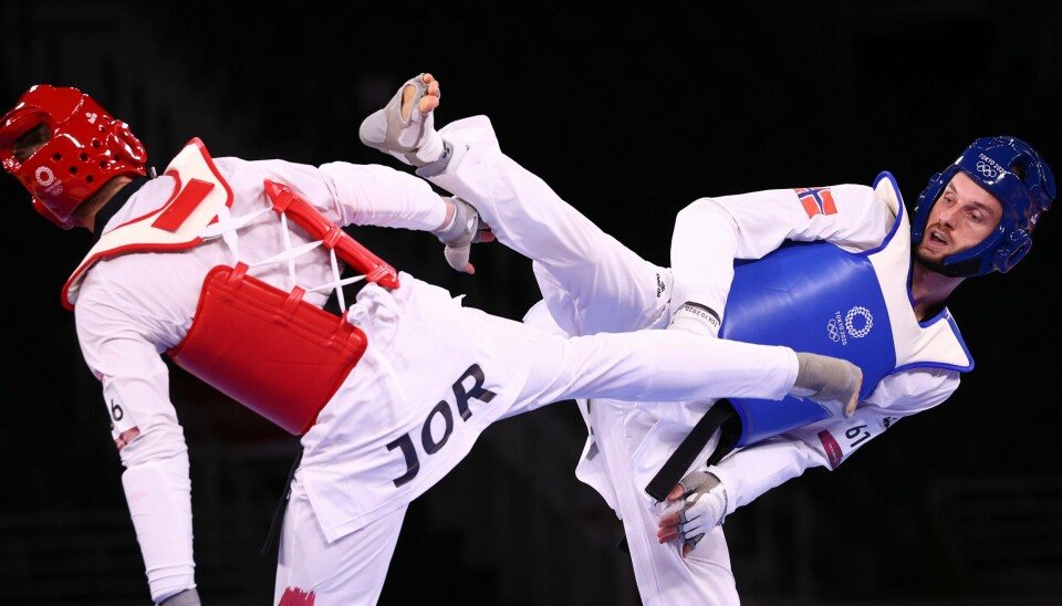 Richard Ordemann (blå) tapte åttedelsfinalen i 80-kilosklassen i taekwondo. Saleh Elsharabaty fikk vinnerpoenget tre sekunder før slutt. Richard Ordemann tapte åttedelsfinalen i 80-kilosklassen i taekwondo. Saleh Elsharabaty fikk vinnerpoenget tre sekunder før slutt.