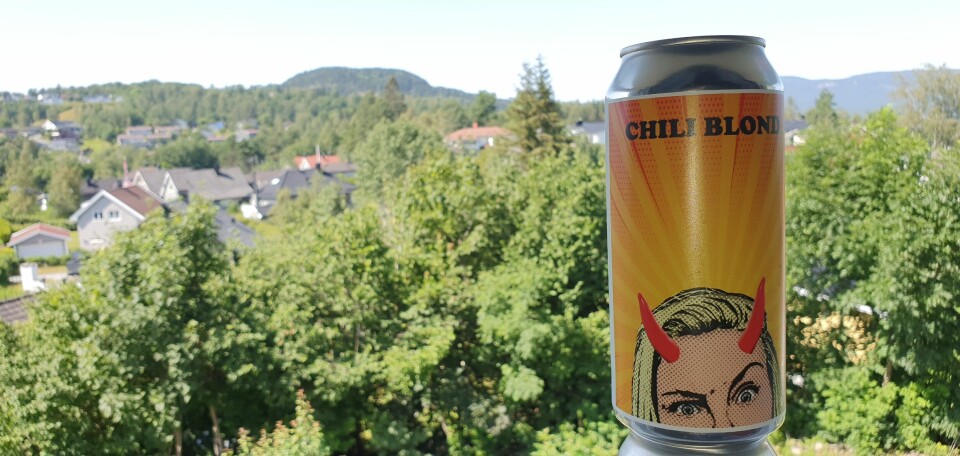 Chiliblond, ølen som nå er å finne i flere butikkhyller i drammensområdet. Etiketten på boksen er designet av datteren til May Jorun Røkenes. Høida