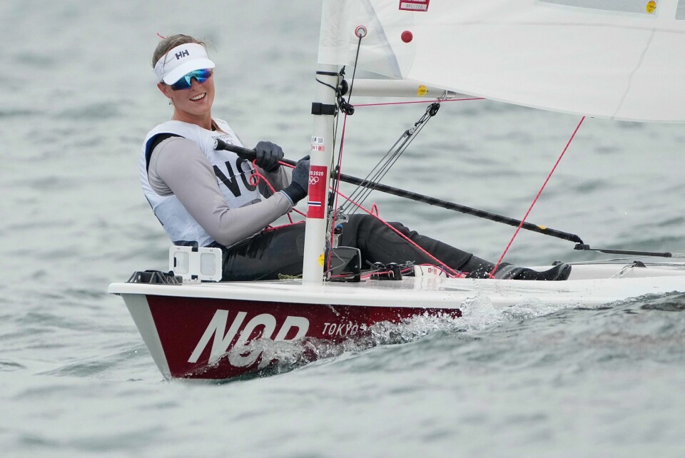 Norway's Line Flem Host competes during race 1 of the women's Laser class at the 2020 Summer Olympics, Monday, July 26, 2021, in Fujisawa, Japan. Norway's Line Flem Host competes during race 1 of the women's Laser class at the 2020 Summer Olympics, Monday, July 26, 2021, in Fujisawa, Japan.