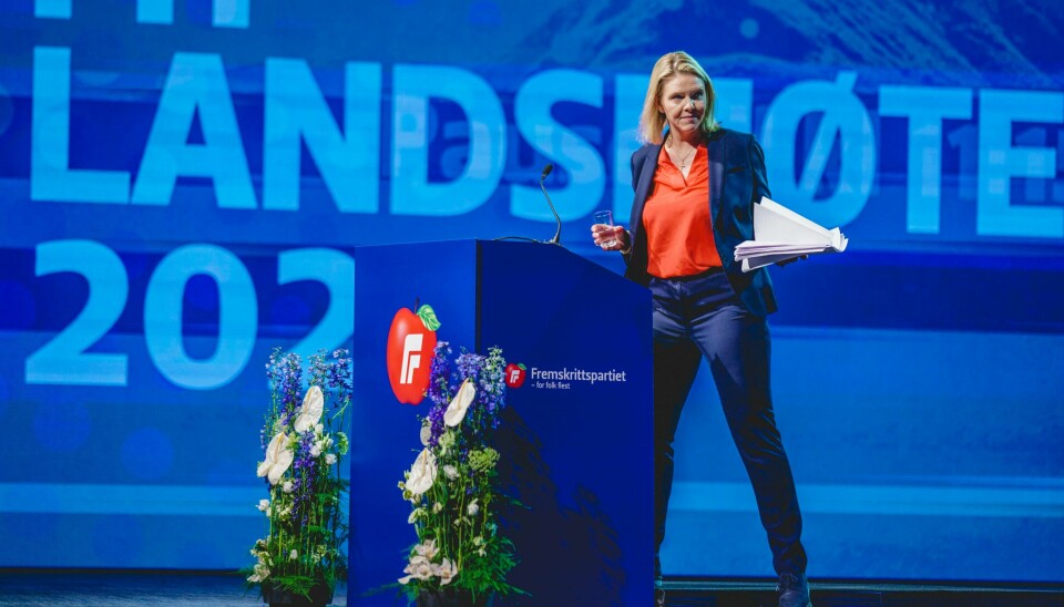 Libertariansk og nasjonalkonservativt tankegods fra USA har alltid vært den viktigste ideologiske inspirasjonskilden for Frp, skriver vår spaltist. Her taler partileder Sylvi Listhaug under det digitale landsmøtet i vår.Foto: Stian Lysberg Solum / NTB .