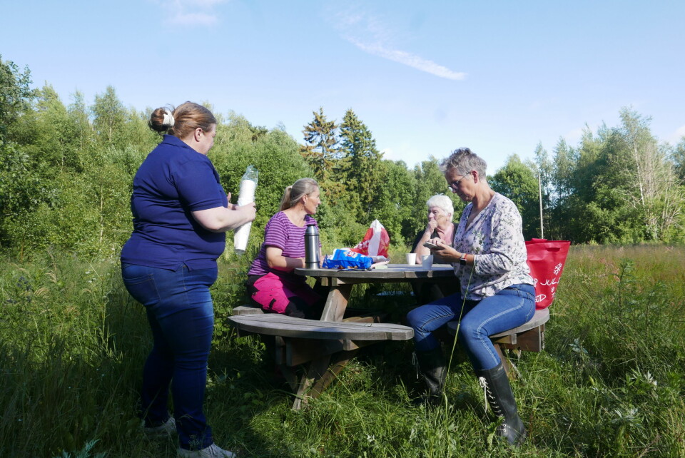 Det sosiale spiller også en faktor i birøkterlaget. Kaffe og noe søtt eller salt trengs etter noen timer ved kubene. Fire kvinner sitter ved et piknikbord og drikker kaffe