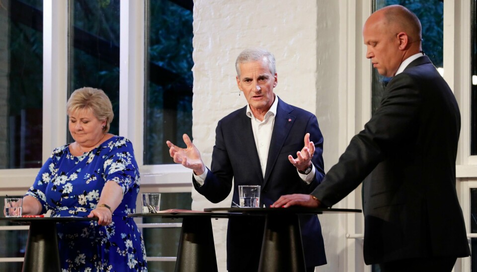 Statsministerdebatt på VGTV med Sp-leder Trygve Slagsvold Vedum, Ap-leder Jonas Gahr Støre og statsminister Erna Solberg Statsministerdebatt på VGTV med Sp-leder Trygve Slagsvold Vedum, Ap-leder Jonas Gahr Støre og statsminister Erna Solberg