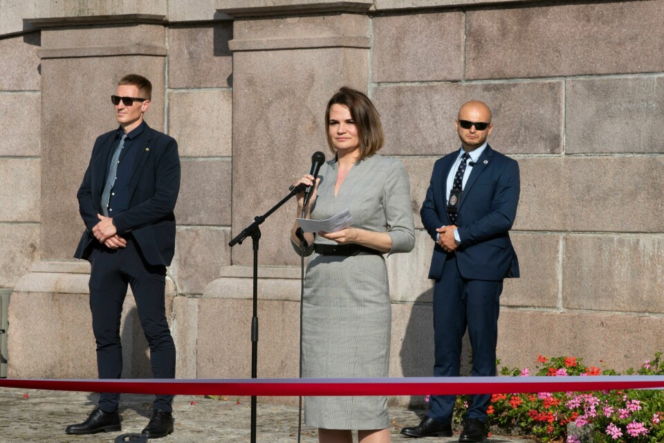 Hviterusslands opposisjonsleder Svetlana Tikhanovskaja deltok på et arrangement utenfor Stortinget torsdag ettermiddag. Hviterusslands opposisjonsleder Svetlana Tikhanovskaja deltok på et arrangement utenfor Stortinget torsdag ettermiddag.