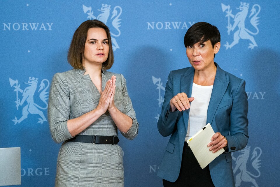 Lederen for den hviterussiske demokratibevegelsen Svetlana Tikhanovskaja møtte utenriksminister Ine Eriksen Søreide på torsdag. Lederen for den hviterussiske demokratibevegelsen Svetlana Tikhanovskaja møtte utenriksminister Ine Eriksen Søreide på torsdag.