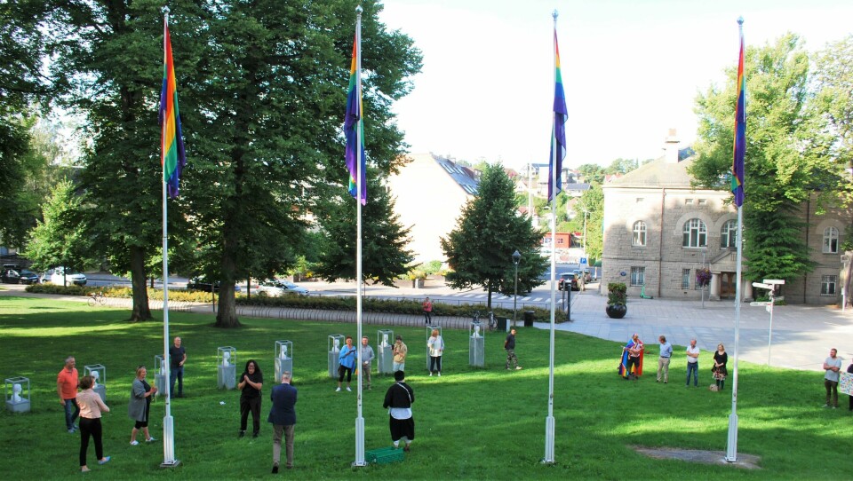 De fire regnbueflaggene skal pryde flaggstengene utenfor Fredrikstad rådhus hele uka. Regnbueflaggene heises utenfor rådhuset i Fredrikstad i forbindelse med Fredrikstad Pride 2021.