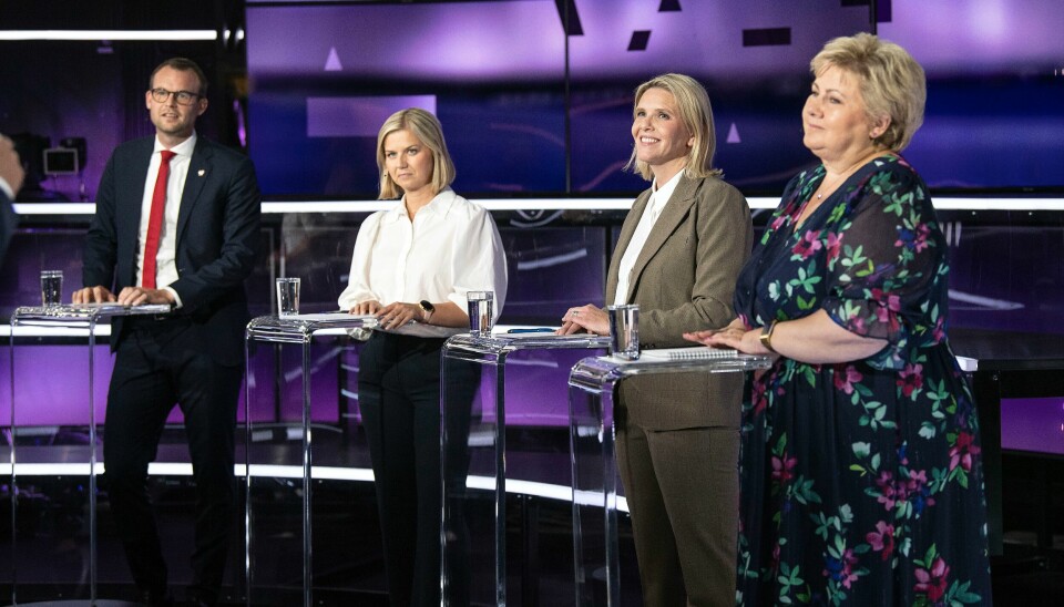 KrF-leder Kjell Ingolf Ropstad, Venstre-leder Guri Melby, Frp-leder Sylvi Listhaug og Høyre-leder og statsminister Erna Solberg under partilederdebatten på TV 2 tirsdag. Partilederdebatt på TV 2.Foto: Marit Hommedal / NTB