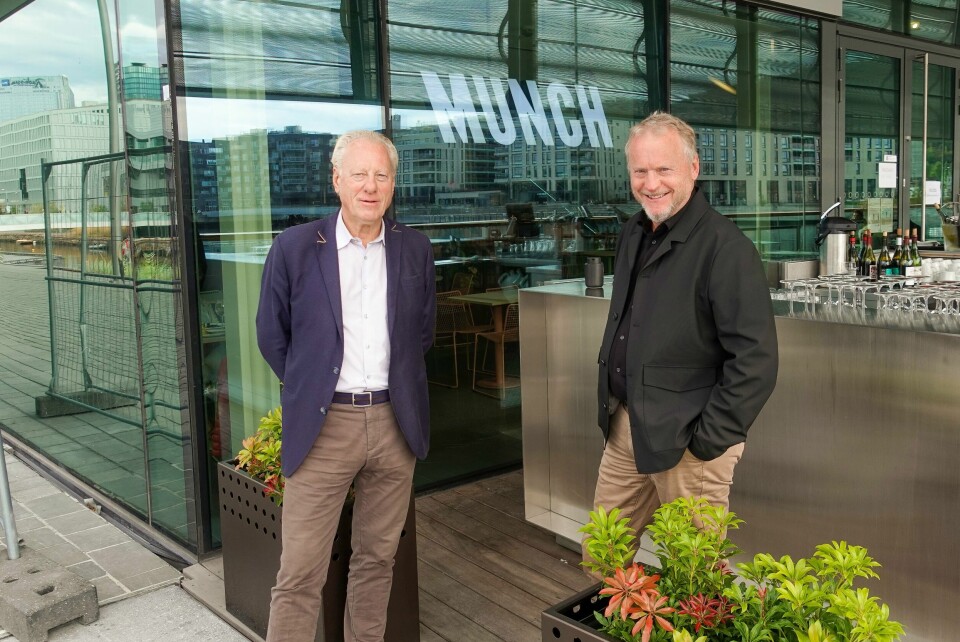 Munchmuseets direktør, Stein Olav Henrichsen (t.v.) og byrådsleder Raymond Johansen (Ap) gleder seg voldsomt til at museet endelig åpner for publikum fredag 22. oktober. Stein Olav Henrichsen og Raymond Johansen, Munch