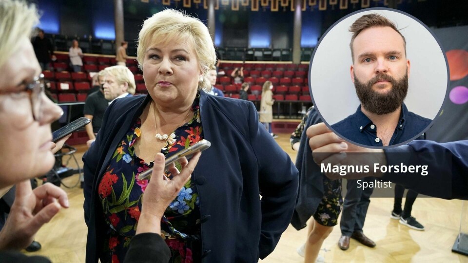 Statsminister Erna Solberg (H), her avbildet etter folkemøte med statsministerkandidatene på Studentersamfundet i Trondheim i regi av NRK. Magnus Forsberg innfelt. Statsminister Erna Solberg (H), her avbildet etter folkemøte med statsministerkandidatene på Studentersamfundet i Trondheim i regi av NRK. Magnus Forsberg innfelt.