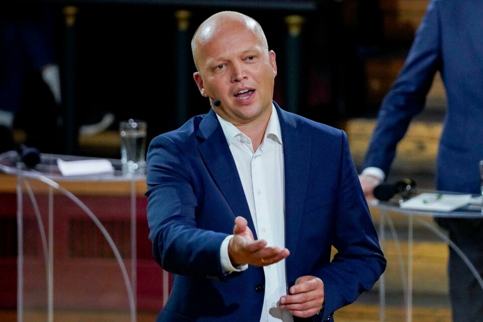 Sp-leder Trygve Slagsvold Vedum vil ha en storstilt, nasjonal markering av jubileet for kristningen av Norge i 2030. Sp-leder Trygve Slagsvold Vedum på folkemøte på Studentersamfundet i Trondheim i regi av NRK. Foto: Gorm Kallestad / NTB