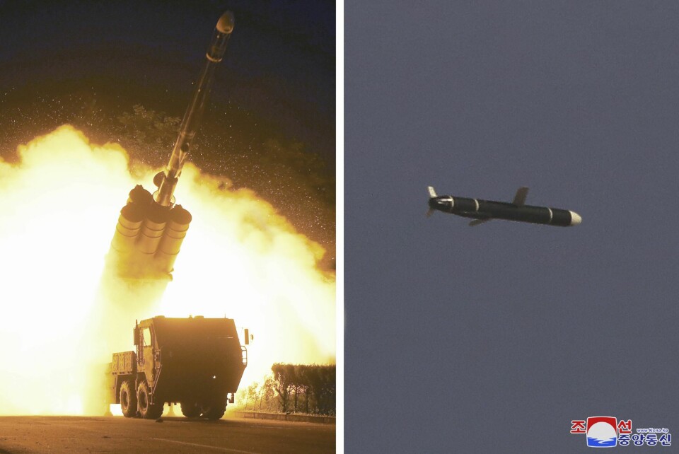Kombinasjonsfoto utsendt av nordkoreanske myndigheter som viser bilder fra det som skal være helgens rakettester. Bildet er satt sammen av to. Det første viser en lastebil med rakettrampe. Den skyter en rakett, og det er røyk og frammer fra eksplosjonen. Det andre viser et missil som farer nesten horisontalt gjennom luften. Foto: KCNA / Korea News Service via AP / NTB