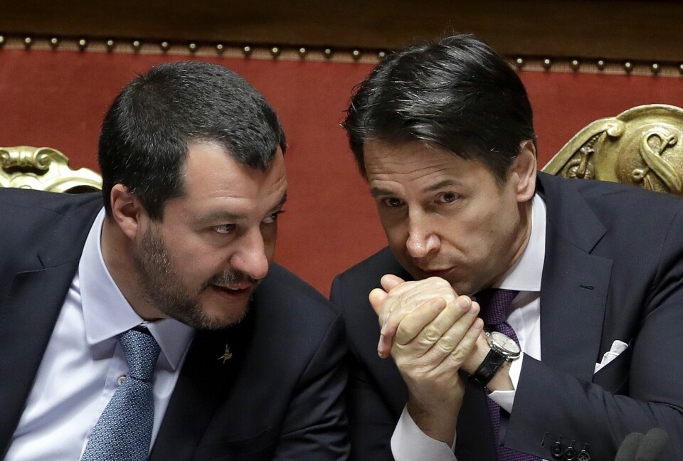 Den gang da: Daværende innenriksminister og visestatsminister Matteo Salvini fra Ligaen og statsminister Giuseppe Conte i 2019. Den gang da: Daværende innenriksminister og visestatsminister Matteo Salvini fra Ligaen og statsminister Giuseppe Conte i 2019.