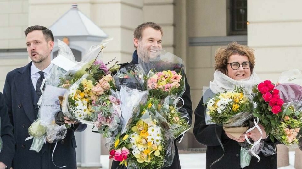 – Jeg ser ikke at det kan være noen andre kandidater enn de to representantene vi nå har på Stortinget, Olaug Bollestad eller Dag-Inge Ulstein, sier tidligere parlamentariske leder Einar Steensnæs. Oslo 20190122.Statsminister Erna Solberg presenterer sin utvidede regjering etter ekstraordinært statsråd på Slottet tirsdag. F.v.: Utviklingsminister Dag Inge Ulstein (KrF), barne- og familieminister Kjell Ingolf Ropstad (KrF), landbruks- og matminister Olaug V. Bollestad (KrF), finansminister Siv Jensen (Frp), statsminister Erna Solberg (H), kultur- og likestillingsminister Trine Skei Grande (V) og samfunnssikkerhetsminister Ingvil Smines Tybring-Gjedde (Frp).Foto: Heiko Junge / NTB scanpix