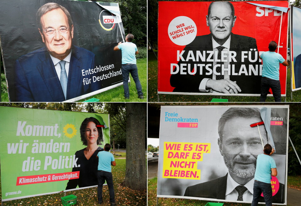 Plakater for toppkandidatene i det tyske valget. Øverst f.v.: Armin Laschet fra CDU og Olaf Scholz fra SPD. Nederst f.v.: De grønnes Annalena Baerbock og FDPs Christian Lindner. Plakater for toppkandidatene i det tyske valget. Øverst f.v.: Armin Laschet fra CDU og Olaf Scholz fra SPD. Nederst f.v.: De grønnes Annalena Baerbock og FDPs Christian Lindner.