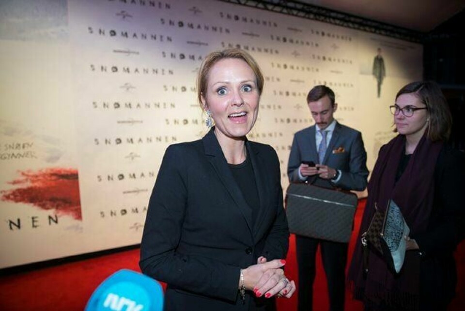 Kulturminister Linda Hofstad Helleland på vei til gallapremiere for Snømannen. FOTO: VIDAR RUUD / NTB SCANPIX