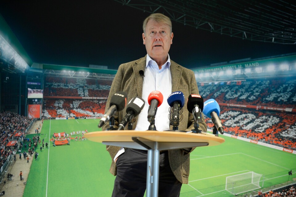 Åge Hareide på pressemøtet i Brøndby tirsdag.