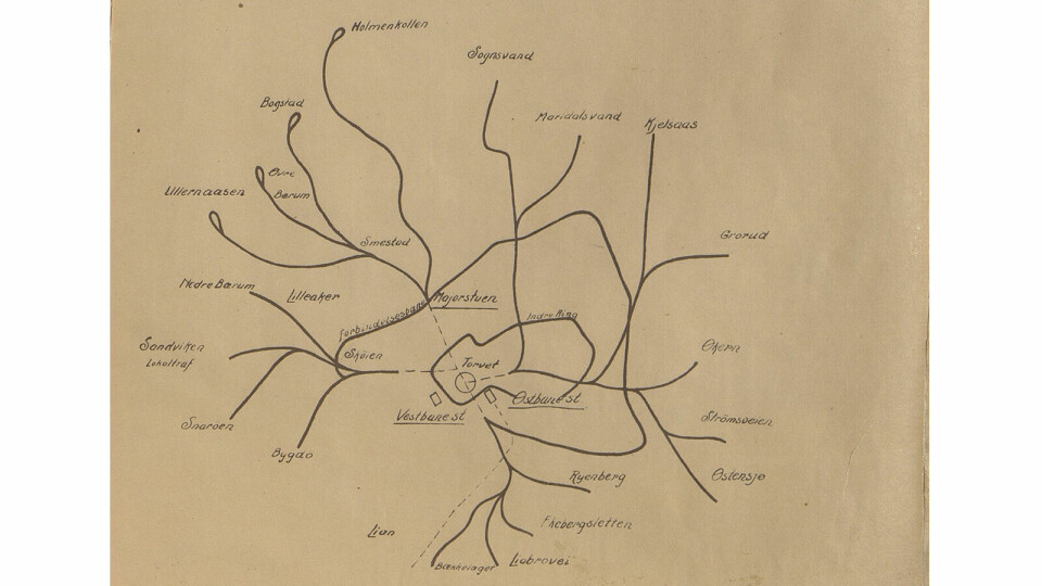 Plan for 19 linjer i vinnerforslaget «Kristianiadalens pulsaarer» fra sporveiskonkurransen i 1917. Likheten med dagens t-banesystem er slående. Plan for 19 linjer i vinnerforslaget «Kristianiadalens pulsaarer» fra sporveiskonkurransen i 1917. Likheten med dagens t-banesystem er slående.
