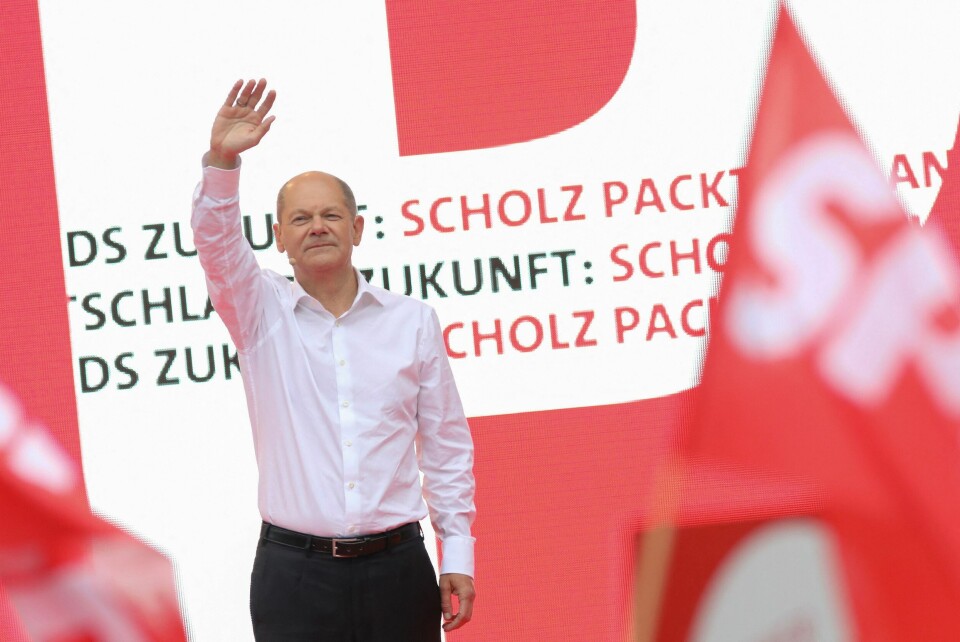 Tysklands neste kansler bør hete Olaf Scholz, har Scholz selv sagt. Her er han på et valgmøte få dager før søndagens valg. Tysklands neste kansler bør hete Olaf Scholz, har Scholz selv sagt. Her er han på et valgmøte få dager før søndagens valg.