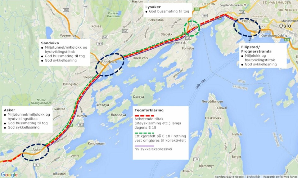 Slik bør ny E18 i Vestkorrridoren bli, mener Naturvernforbundet. Løsningen tilrettelegger ikke for mer biltrafikk. Samtidig blir mye av den eksisterende trafikken lagt i tunnel eller under lokk, slik at tilværelsen blir bedre for mange av dem som bor nær veien. ILLUSTRASJON: NATURVERNFORBUNDET