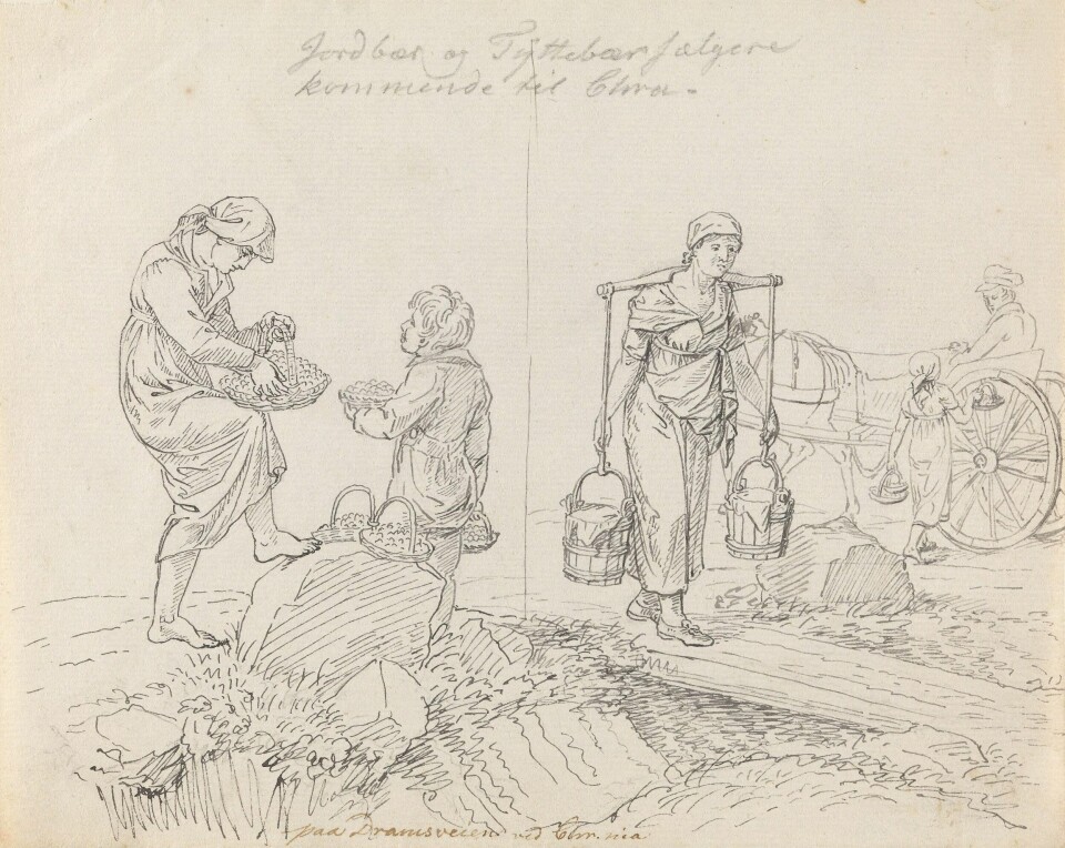 Jordbær- og tyttebærselgere på Drammensveien ved Christiania. Tegning av Johannes Flintoe. Jordbær- og tyttebærselgere på Drammensveien ved Christiania. Tegning av Johannes Flintoe.