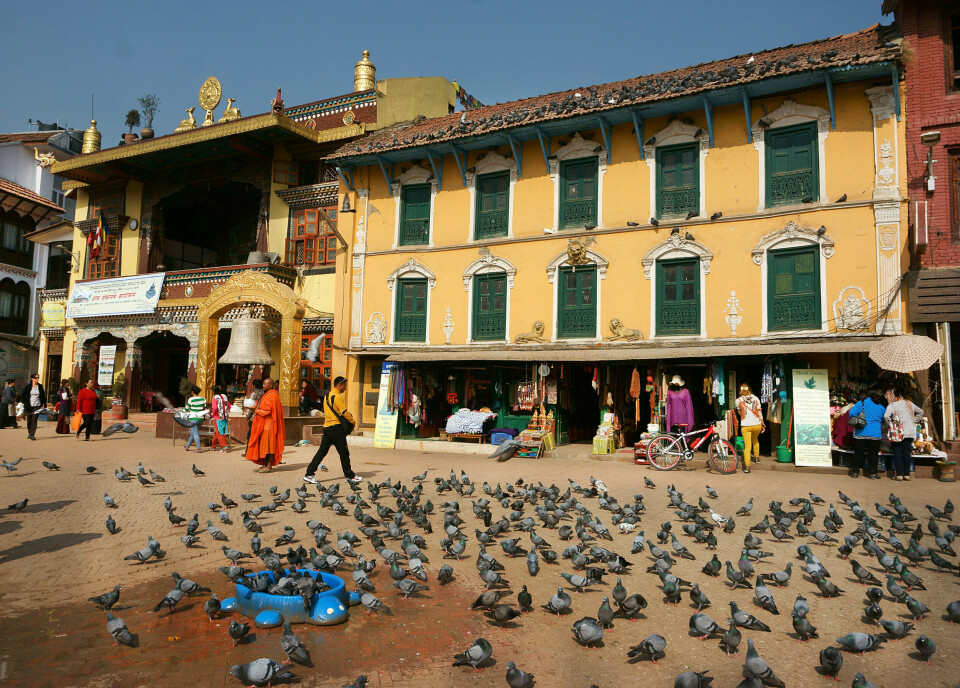 Den sirkelformede oasen utenfor Boudhanath-pagoden er en oase av fred både for munker, duer og turister. FOTO: CHRISTINE BAGLO Den sirkelformede oasen utenfor Boudhanath-pagoden er en oase av fred både for munker, duer og turister. FOTO: CHRISTINE BAGLO