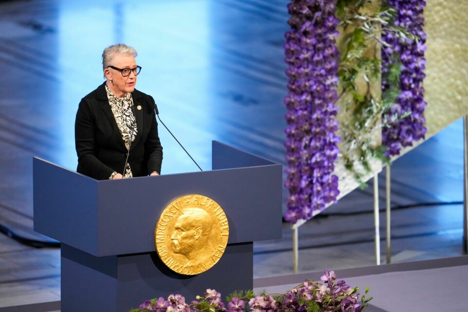 Nobelkomiteens leder Berit Reiss-Andersen taler under utdelingen av Nobels fredspris for 2023 i Oslo rådhus. Nobelkomiteens leder Berit Reiss-Andersen taler under utdelingen av Nobels fredspris for 2023 i Oslo rådhus.