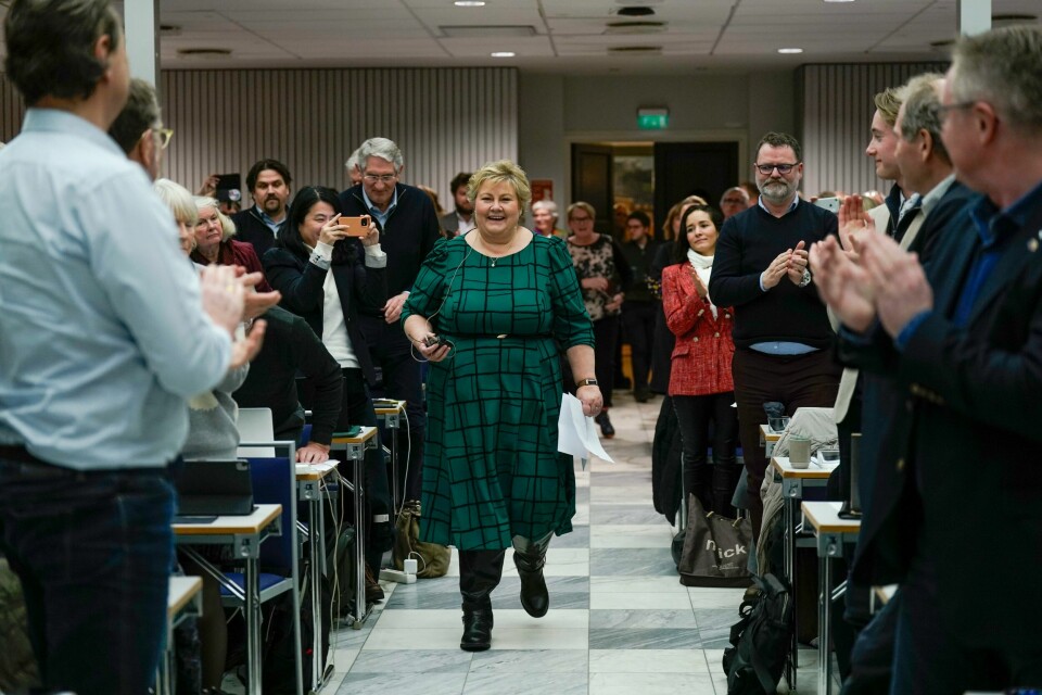 Høyre-leder Erna Solberg kan glede seg over stadig bedre målinger. Arkivfoto. Høyre-leder Erna Solberg holdt innledning under Oslo Høyres årsmøte fredag kveld. Foto: Fredrik Varfjell / NTB