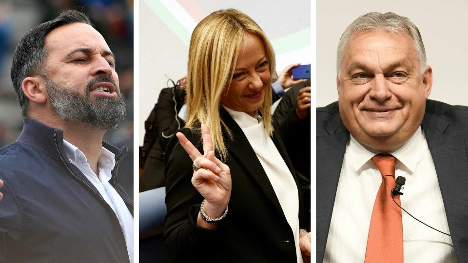 Vi er vitne til en oppblomstring av ytre høyre-partier, skriver innleggsforfatterne. På bilde f.v: Santiago Abascal, Giorgia Meloni og Viktor Orbán. Vi er vitne til en oppblomstring av ytre høyre-partier, skriver innleggsforfatterne. På bilde f.v: Santiago Abascal, Giorgia Meloni og Viktor Orbán.