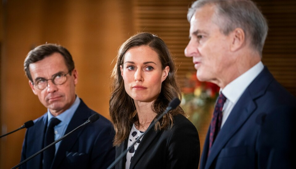 Finlands statsminister Sanna Marin, Sveriges statsminister Ulf Kristersson (t.v.) og statsminister Jonas Gahr Støre (t.h.) deltar på Nordisk råds sesjon i Helsingfors tirsdag. Finlands statsminister Sanna Marin, Sveriges statsminister Ulf Kristersson (t.v.) og statsminister Jonas Gahr Støre (t.h.) deltar på Nordisk råds sesjon i Helsingfors tirsdag. Foto: Ole Berg-Rusten / NTB
