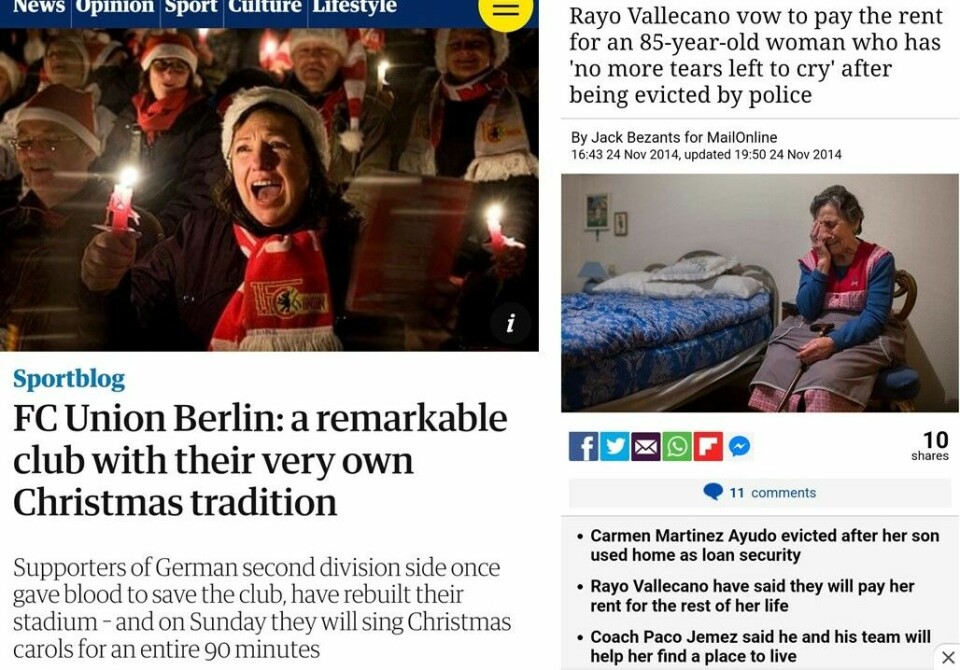 Union Berlin og Rayo Vallecano har lenge fått oppmerksomhet på grunn av sitt store sosiale engasjement i lokalsamfunnene, som disse faksimilene fra henholdsvis The Guardian om Union og Daily Mail om Rayo viser. Avisartikler