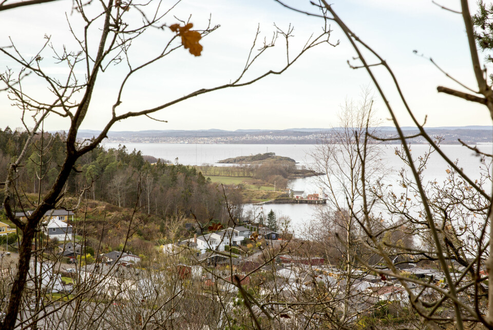 På Gullholmen i Moss (den lille øya i midten av bildet) var det nesten to grader varmere enn vanlig forrige måned. Dette bildet er tatt en novemberdag i 2015. Jeløy. Tronvik. Gullholmen. Høst. Oslofjorden. KVU. Horten. Natur. Landskap. Moss. Foto tatt fra Utsynet.