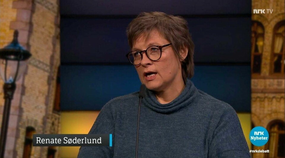 På debattprogrammet til NRK fortalte Renate Søderlund at hun går i 2000 kroner minus hver måned. På debattprogrammet til NRK fortalte Renate Søderlund at hun går i 2000 kroner minus hver måned.