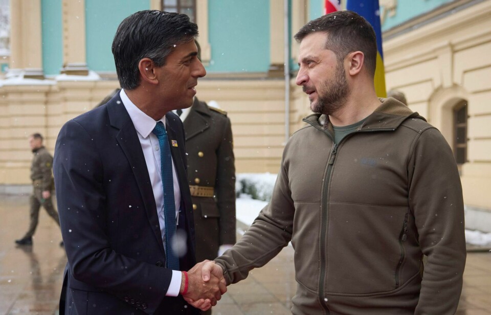Storbritannias statsminister Rishi Sunak var lørdag i Kyiv der han møtte Ukrainas president Volodymyr Zelenskyj. Storbritannias statsminister Rishi Sunak var lørdag i Kyiv der han møtte Ukrainas president Volodymyr Zelenskyj. Foto: AP / NTB