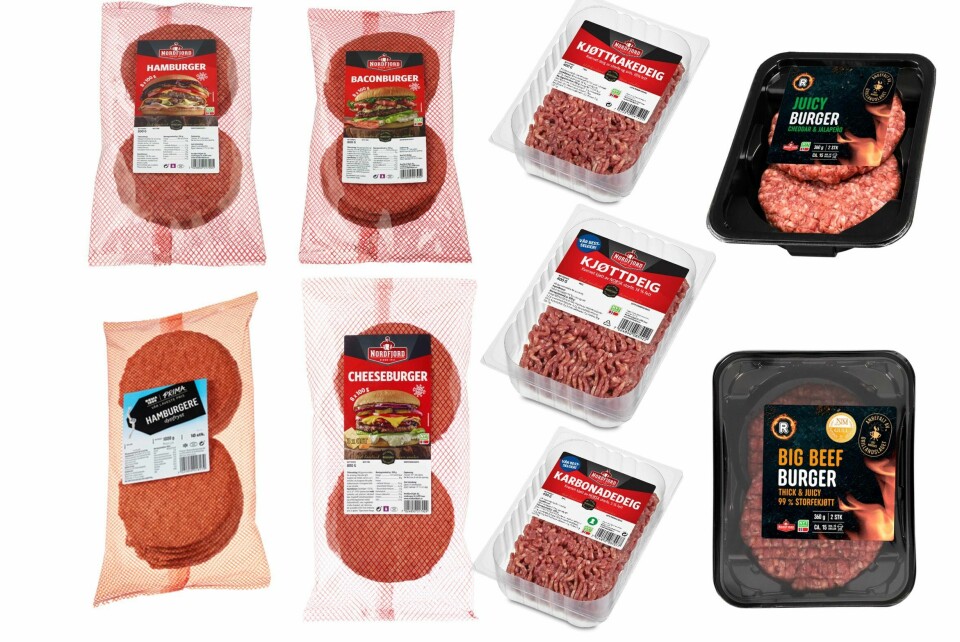 Flere kvernede kjøttprodukter ser ut til å være årsaken til et større utbrudd av E. coli-smitte. Mattilsynet har styrket mistanke til hamburgere som smittekilde til et utbrudd av E. coli(EHEC)-infeksjon. Nordfjord Kjøtt trekker tilbake flere ulike produkter laget med samme råvare. Foto: Nordfjord Kjøtt / NTB
