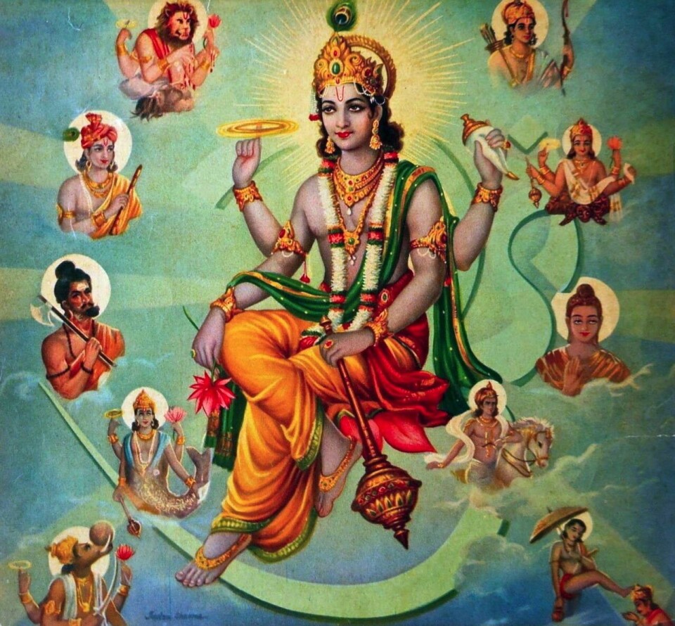 Den hinduistiske guden Vishnu, omgitt av sine avatarer, malt av den indiske maleren Raja Ravi Varma. Jesus anses av noen som å være en av avatarene. Den hinduistiske guden Vishnu, omgitt av sine avatarer, malt av den indiske maleren Raja Ravi Varma. Jesus anses av noen som å være en av avatarene.