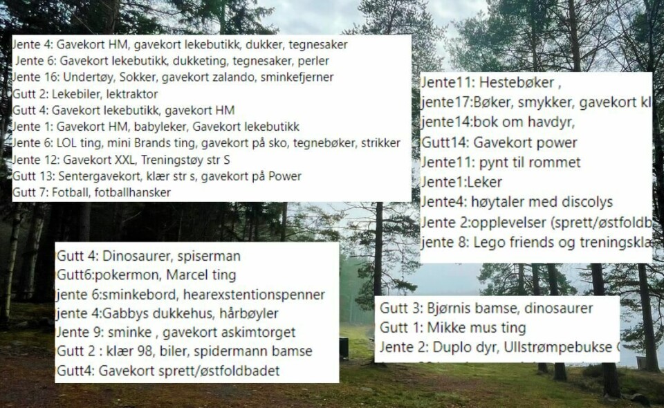 Julegaveønskene fra barna er varierte, men i år er det mange som ønsker seg bruksting. Fra gutt (5) som ønsker seg elektrisk tannbørste til jente (15) som ønsker seg korte sokker i størrelse 38-39. Julegaveønskene fra barna er varierte, men i år er det mange som ønsker seg bruksting. Fra gutt (5) som ønsker seg elektrisk tannbørste til jente (15) som ønsker seg korte sokker i størrelse 38-39.