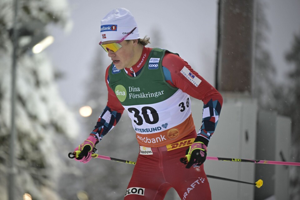 Johannes Høsflot Klæbo i aksjon i Östersund lørdag. Johannes Høsflot Klæbo. Foto: Anders Wiklund/TT / NTB