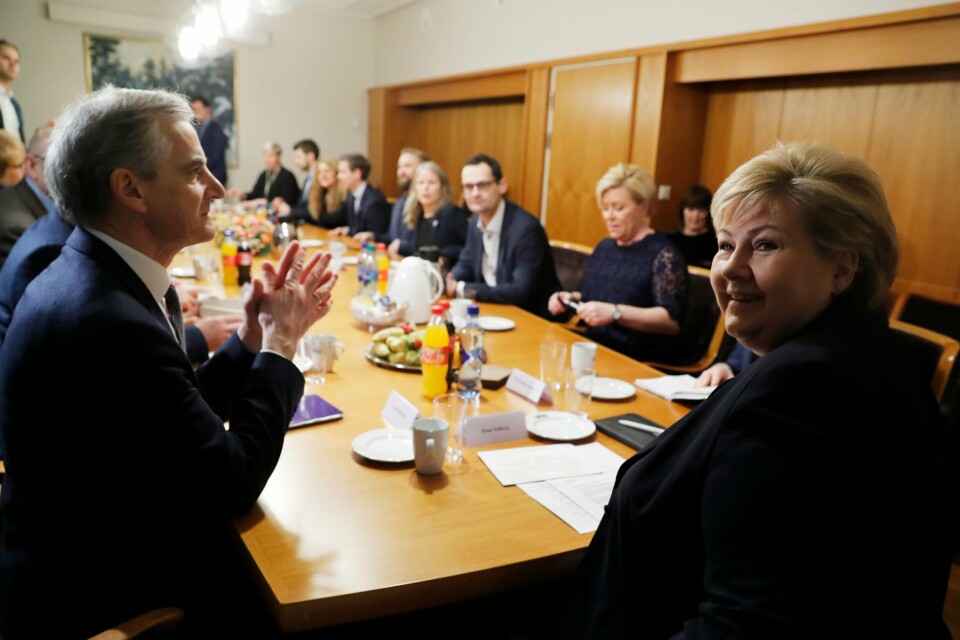 Alle partiene på Stortinget har mottatt ett eller flere varsler om seksuell trakassering etter at metoo-kampanjen startet. Derfor samlet alle partilederne seg for å dele erfaringer og diskutere situasjonen. Foto: Cornelius Poppe / NTB scanpix
