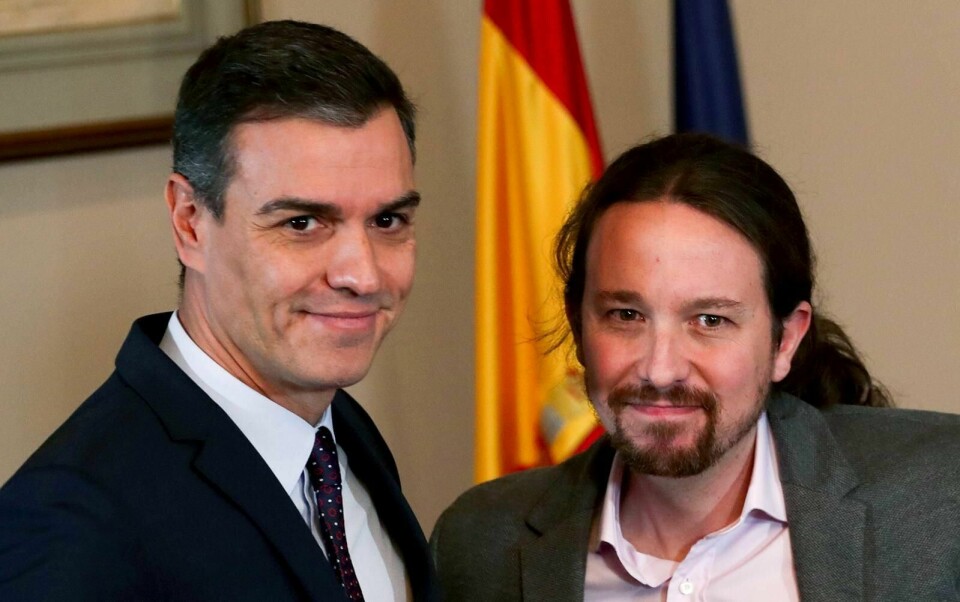 Håpet er tent i Spania etter at sittende statsminister Pedro Sanchez og Unidas Podemos-leder Pablo Iglesias har inngått en foreløpig avtale om å forsøke å danne en mindretallsregjering. FOTO: SERGIO PEREZ/NTB SCANPIX
