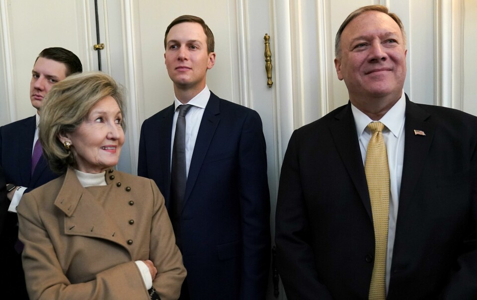 U.S. Ambassador to NATO Kay Bailey Hutchison looks at U.S. Secretary of State Mike Pompeo next to White House senior advisor Jared Kushner during the meeting of U.S. President Donald Trump and NATO Secretary General Jens Stoltenberg, ahead of the NATO summit in Watford, in London, Britain, December 3, 2019. REUTERS/Kevin Lamarque U.S. Ambassador to NATO Kay Bailey Hutchison looks at U.S. Secretary of State Mike Pompeo next to White House senior advisor Jared Kushner during the meeting of U.S. President Donald Trump and NATO Secretary General Jens Stoltenberg, ahead of the NATO summit in Watford, in London, Britain, December 3, 2019. REUTERS/Kevin Lamarque