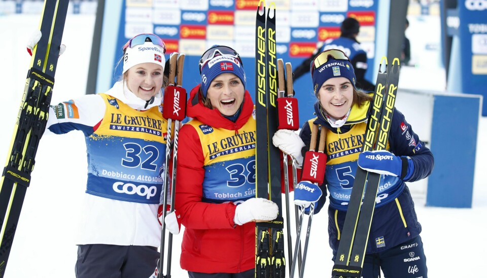 Ingvild Flugstad Østberg, Therese Johaug og svenske Ebba Andersson etter damenes 10 km i Toblach nyttårsaften.