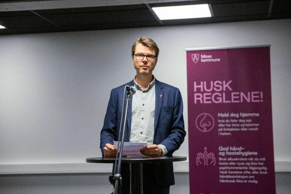 Kristian Krogshus, kommuneoverlege i Moss, under tirsdagens pressekonferanse om den lokale koronasituasjonen.