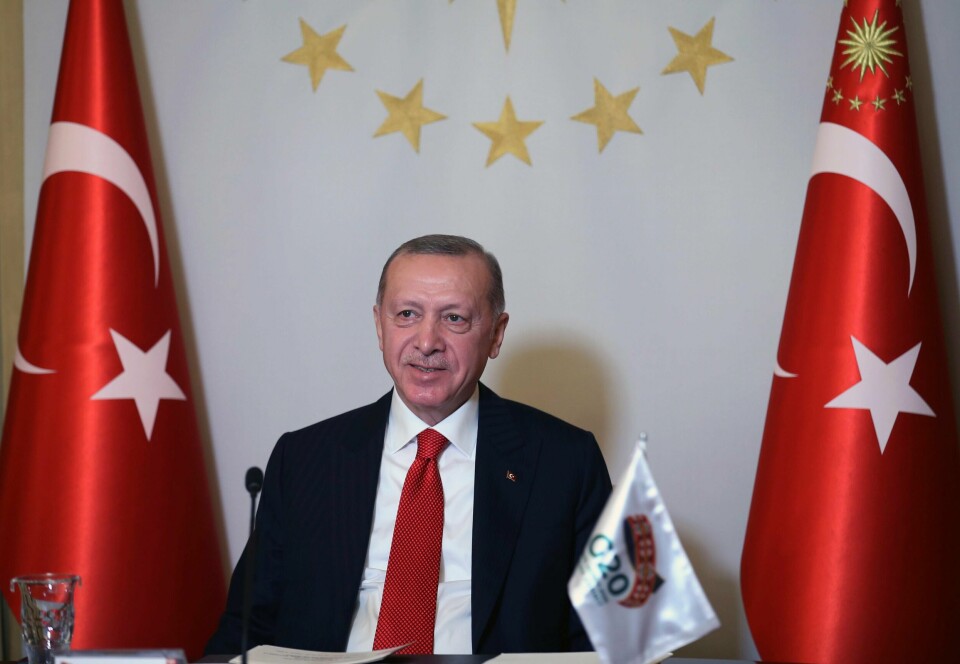 Tyrkias president Recep Tayyip Erdogan talte også til de andre G20-lederne på videotoppmøtet lørdag.