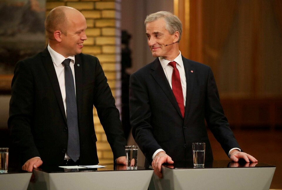 Statsministerkandidater? Senterpartiets leder Trygve Slagsvold Vedum (t.v.) og Arbeiderpartiets leder Jonas Gahr Støre. Foto: Lise Åserud/NTB