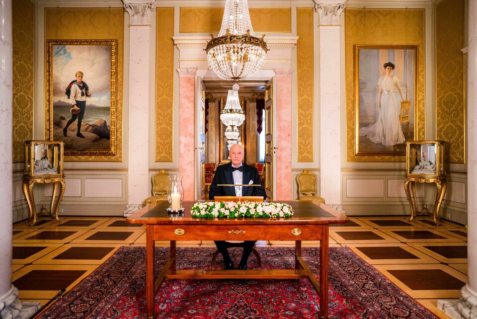 Oslo 20201231. Kong Harald holder nyttårstalen 2020 på Slottet. Foto: Håkon Mosvold Larsen / NTB Oslo 20201231.
Kong Harald holder nyttårstalen 2020 på Slottet.
Foto: Håkon Mosvold Larsen / NTB