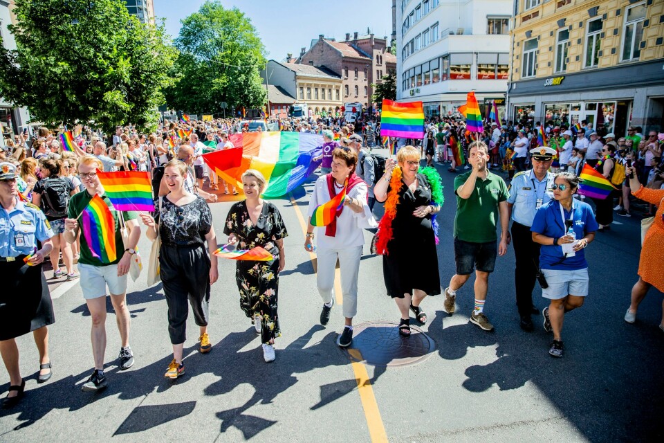 Unge med foreldre fra land utenfor Vest-Europa har i snitt mindre tolerante holdninger til homofili enn unge fra Vest-Europa. Bildet er fra pride-paraden i Oslo i 2018. Unge med foreldre fra land utenfor Vest-Europa, har i snitt mindre tolerante holdninger til homofili enn unge fra Vest-Europa. Bildet er fra pride-paraden i Oslo i 2018. Foto: Stian Lysberg Solum / NTB