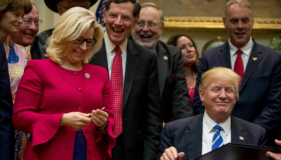 God stemning i Det hvite hus i 2017. Liz Cheney, i rødt til venstre, er en av få i det republikanske partiet som siden sto opp mot Donald Trump. Men i dag stemmes hun etter all sannsynlighet ut av amerikansk politikk i primærvalget i Wyoming. .