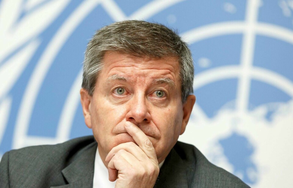 Leder Guy Ryder i FNs arbeidsorganisasjon (ILO). Guy Ryder, General Director of the International Labour Organisation (ILO), presents the ILO Global Wage Report 2018/19, during a press conference, at the European headquarters of the United Nations in Geneva, Switzerland, Monday, Nov. 26, 2018. (Salvatore Di Nolfi/Keystone via AP)