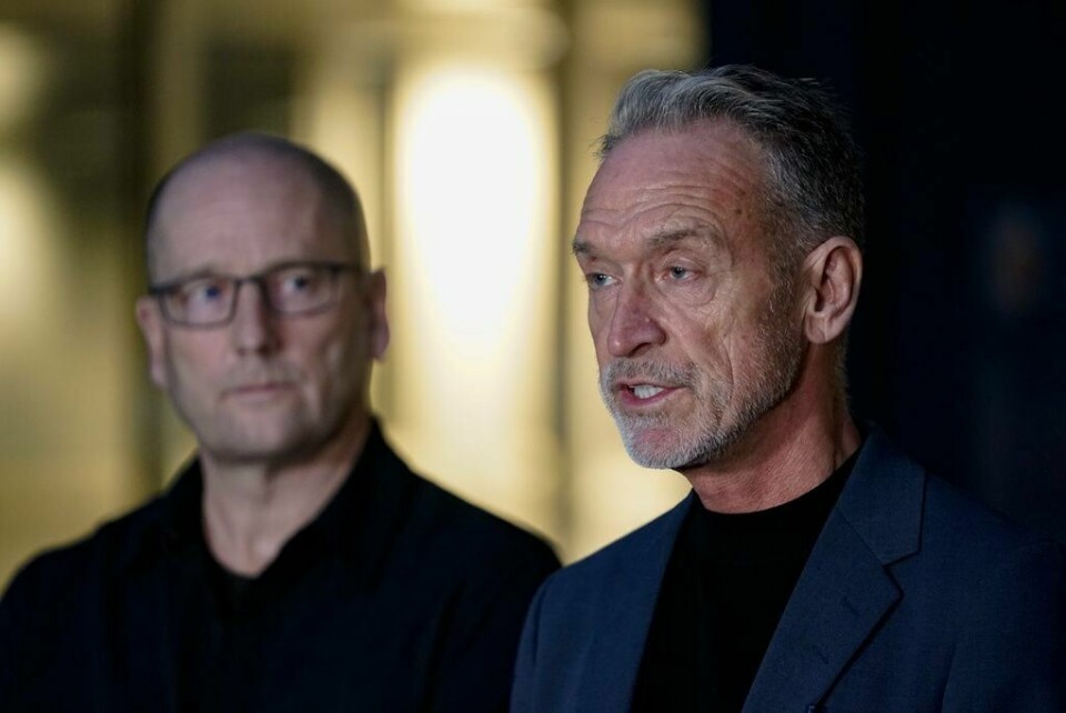 Leder i Utdanningsforbundet Steffen Handal t.v. og KS-leder Tor Arne Gangsø, etter at regjeringen valgte å stoppe lærerstreiken med tvungen lønnsnemnd. Lærerstreik
